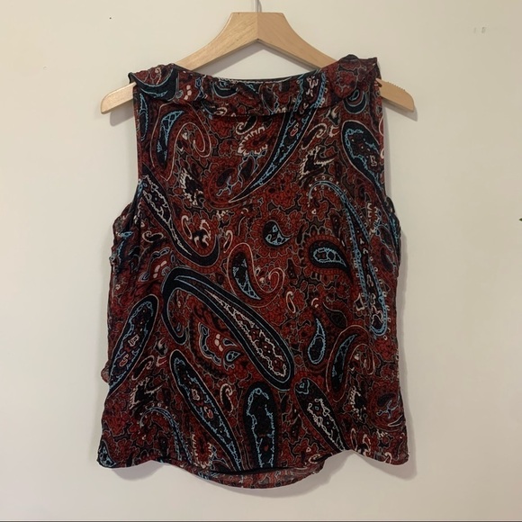 St John Sleeveless Paisley Silk Blend V Neck Ruffle Blouse Top M - Picture 2 of 4